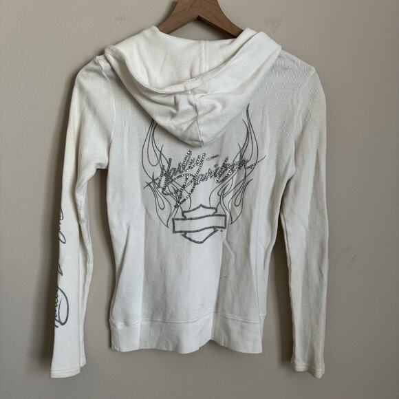 Vintage Y2K Harley Davidson Womens White Longsleeve Hoodie Rhinestone Size Small - Picture 9 of 12